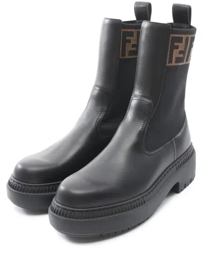 Pre-owned Fendi Domino Ff-monogram Leather Boots In Black