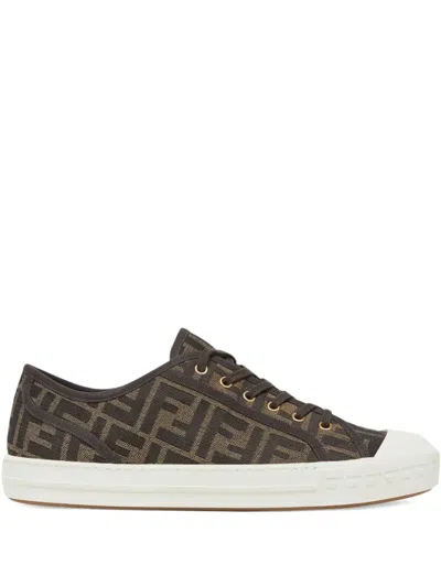 Fendi Domino Jacquard-logo Lace-up Sneakers In Brown