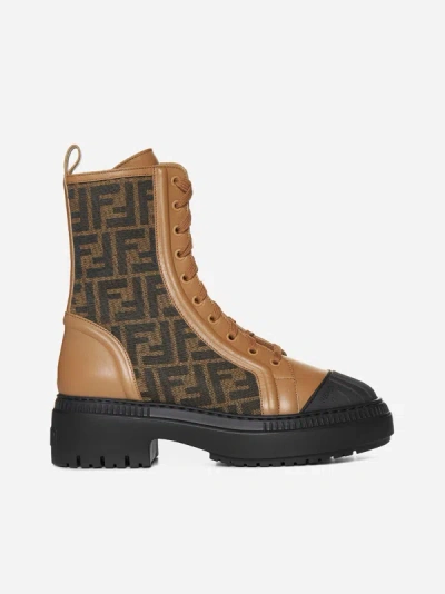 FENDI DOMINO LEATHER AND FF FABRIC ANKLE BOOTS