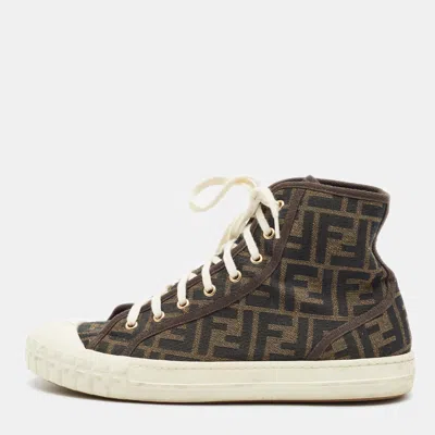 Pre-owned Fendi Domino Size 42 Brown Zucca Canvas High Top Sneakers