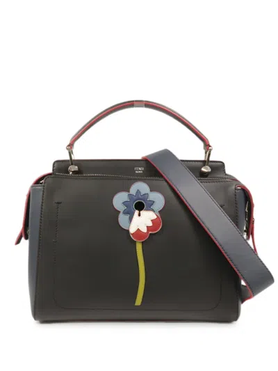 Pre-owned Fendi Dotcom Floral-appliqué Tote Bag In Black