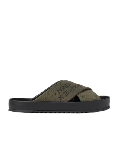 Fendi Double Black Leather And Gray Green Fabric Slides In Gray-green