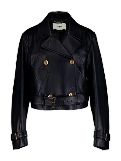 Fendi Double Breasted Belted Waist Leather Biker Jacket In Black