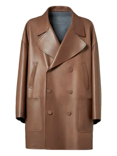 Fendi Dark Beige Nappa Leather Pea Coat In Animal Print