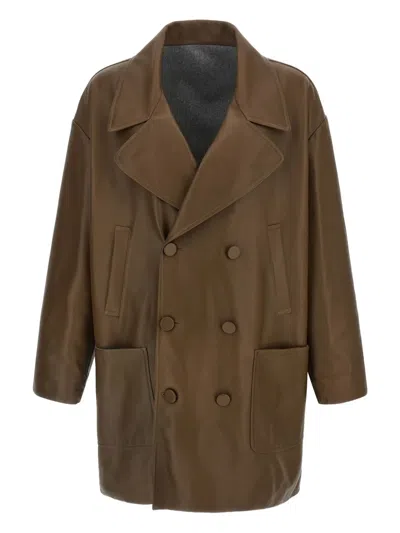 Fendi Double-breasted Pea Coat In Dark Beige Nappa Leather Men In Brown