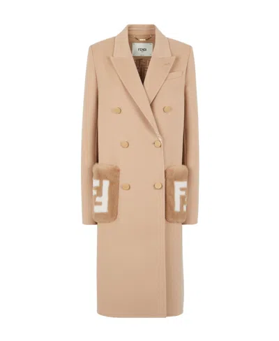 Fendi Double-breasted Long Coat In Beige