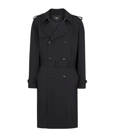 Fendi Double-breasted Medium Long Windbreaker In Black