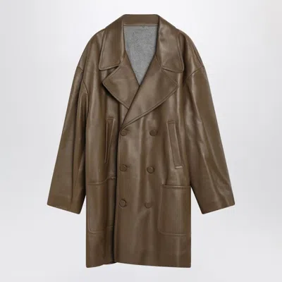 Fendi Double-breasted Pea Coat In Dark Beige Nappa Leather Men In Brown