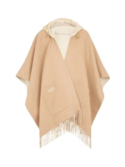 Fendi Double Cashmere And Wool Poncho In Neutral