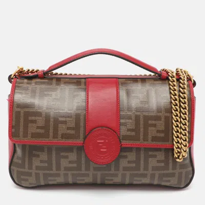 Pre-owned Fendi Double F Red/tobacco Zucca Coated Canvas And Leather Top Handle Bag
