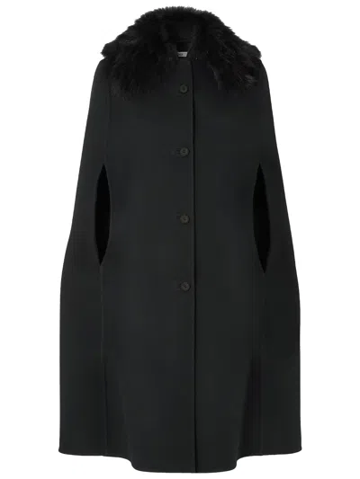 Fendi Double Wool Cape With Fur Collar In Black | ModeSens