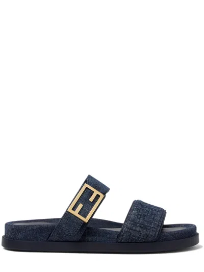 Fendi Double-band Flat Slide Sandals With Decorative Buckle In Blue