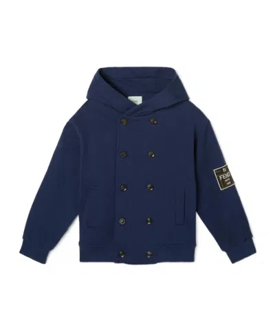 Fendi Kids' Double-breasted Jersey Fleece Jacket With Logo Patch In Blue