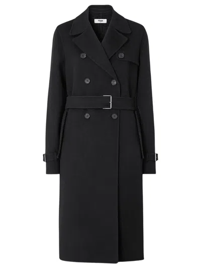 Fendi Double-breasted Midi Wool Trench Coat Ff Zucca In Black