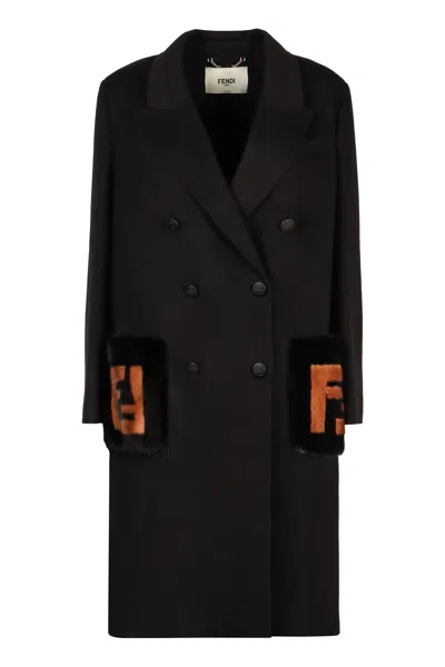 Fendi Double-breasted Wool Coat In Black