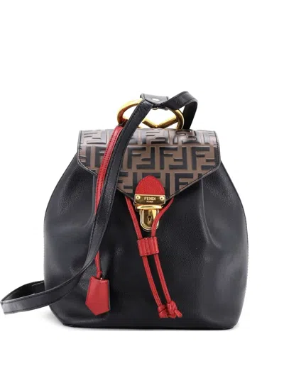 Pre-owned Fendi Drawstring Flap Leather With Zucca Embossed Detail Small Backpack In Black