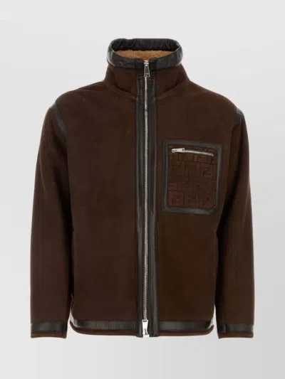 Fendi Luxurious Monochrome High Neck Oversized Zip-up Jacket For Men In Brown