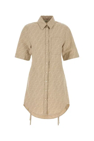 Fendi Embroidered Chambray Shirt Dress In Neutral