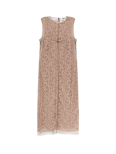 Fendi Lace Midi Dress In Brown