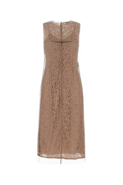 Fendi Women Beige Sleeveless Crewneck Dress With Floral Embroidery In Lace Woman In Brown