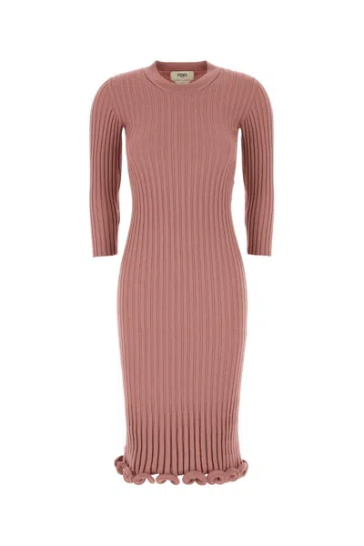 Fendi Pink Ribbed-knit Ruffled Midi Dress