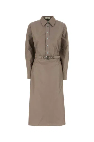 Fendi Brown Cotton And Silk Canvas Shirt Dress In Gray