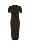 Fendi Stretch Cotton Blend Dress All Over Pattern In Brown