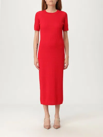 Fendi Women Red Short Sleeve Dress With All-over Ff Motif In Cotton Blend Woman In Multi