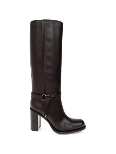 Fendi Dressage Dark Brown Leather Boots In Multi