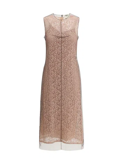 Fendi Women Lace Midi Dress In Gold