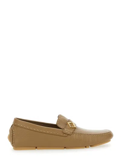 Fendi 'driver' Beige Loafers With Rubber Injected Sole And Metallic Ff Plate In Hammered Leather Man In Multicolor