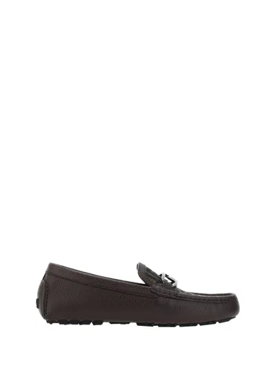 Fendi Brown Leather And Ff Jacquard Loafers In Black