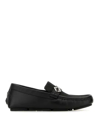 Fendi Round Toe Textured Leather Loafers In Black