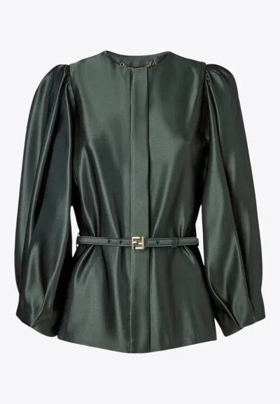 Fendi Duchess Satin Belted Blouse In Green