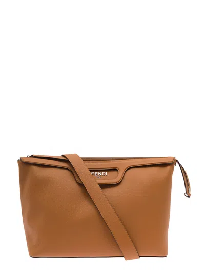 Fendi 'duffle' Brown Handlebag With Front Metal Logo In Full-grain Leather In Multicolor