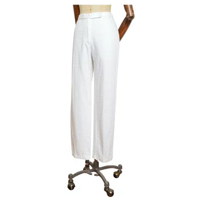 Pre-owned Fendi Early 2000s  Zucca Pattern White Cotton Jacquard Ff Trousers