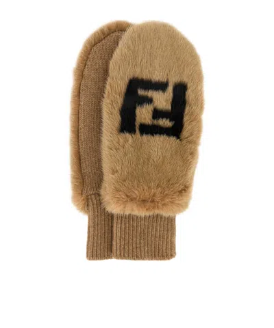 Fendi Elastic Gloves In Brown