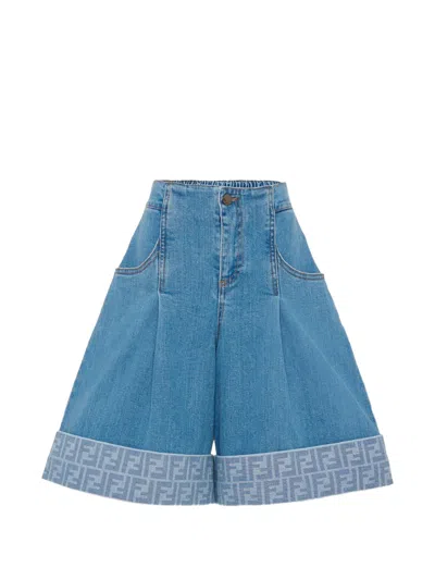 Fendi Elasticated Waist Shorts With Ff Logo Print For Girls In Blue
