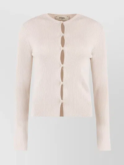 Fendi Ribbed-knit Cotton-blend Cardigan In Neutrals