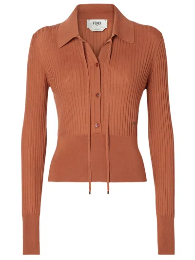 Fendi Elegant Deep V-neck Polo Sweater For Women - Size 40 In Brown