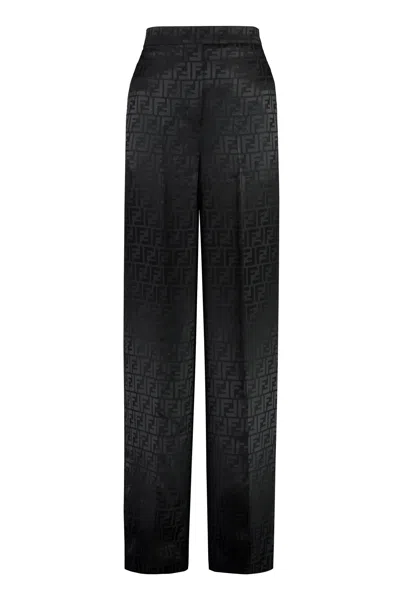 Fendi Elegant Embroidered Satin Wide Leg Pants For Women In Black