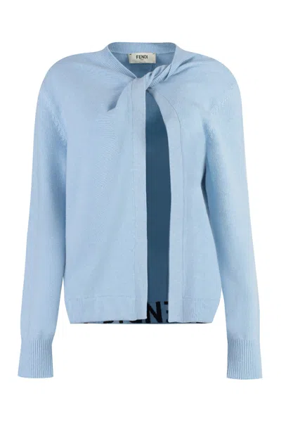 FENDI ELEGANT LIGHT BLUE WOOL AND CASHMERE CARDIGAN WITH FRONT KNOT DETAIL FOR WOMEN