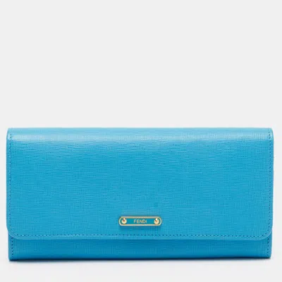 Pre-owned Fendi Elite Blue Saffiano Leather Classic Flap Continental Wallet