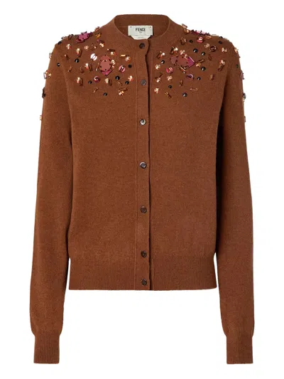 Fendi Cardigan Rust Ff Cashmere And Wool Cardigan In Brown