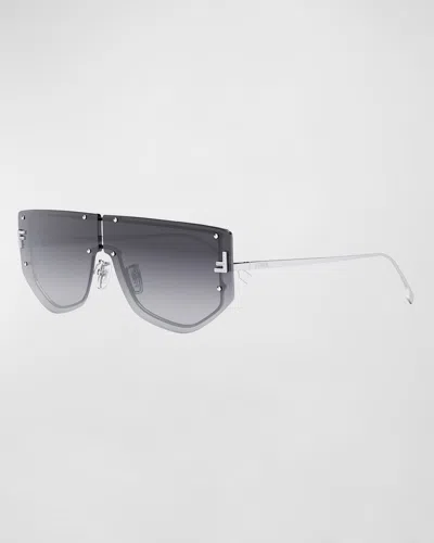Fendi Embellished F Metal Shield Sunglasses In Shiny Palladium Gradient Smoke