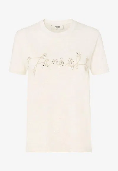 Fendi Beige Cotton And Linen T-shirt With Logo In Neutral