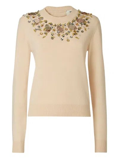 Fendi Knitwear With Embellished Neckline And Long Sleeves In Gold
