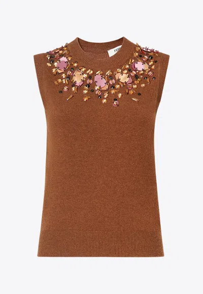 Fendi Embellished Wool And Cashmere Knit Top In Brown