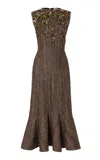 Fendi Embellished Wool-blend Tweed Midi Dress In Brown