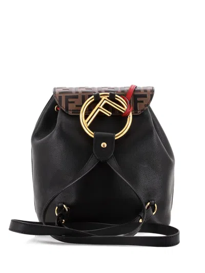 Pre-owned Fendi Embossed Detail Drawstring Flap Backpack In Black